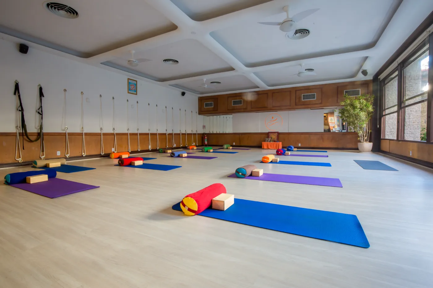 Salão principal do estúdio com a parede de cordas usada nas aulas de Iyengar e Yoga Kurunta